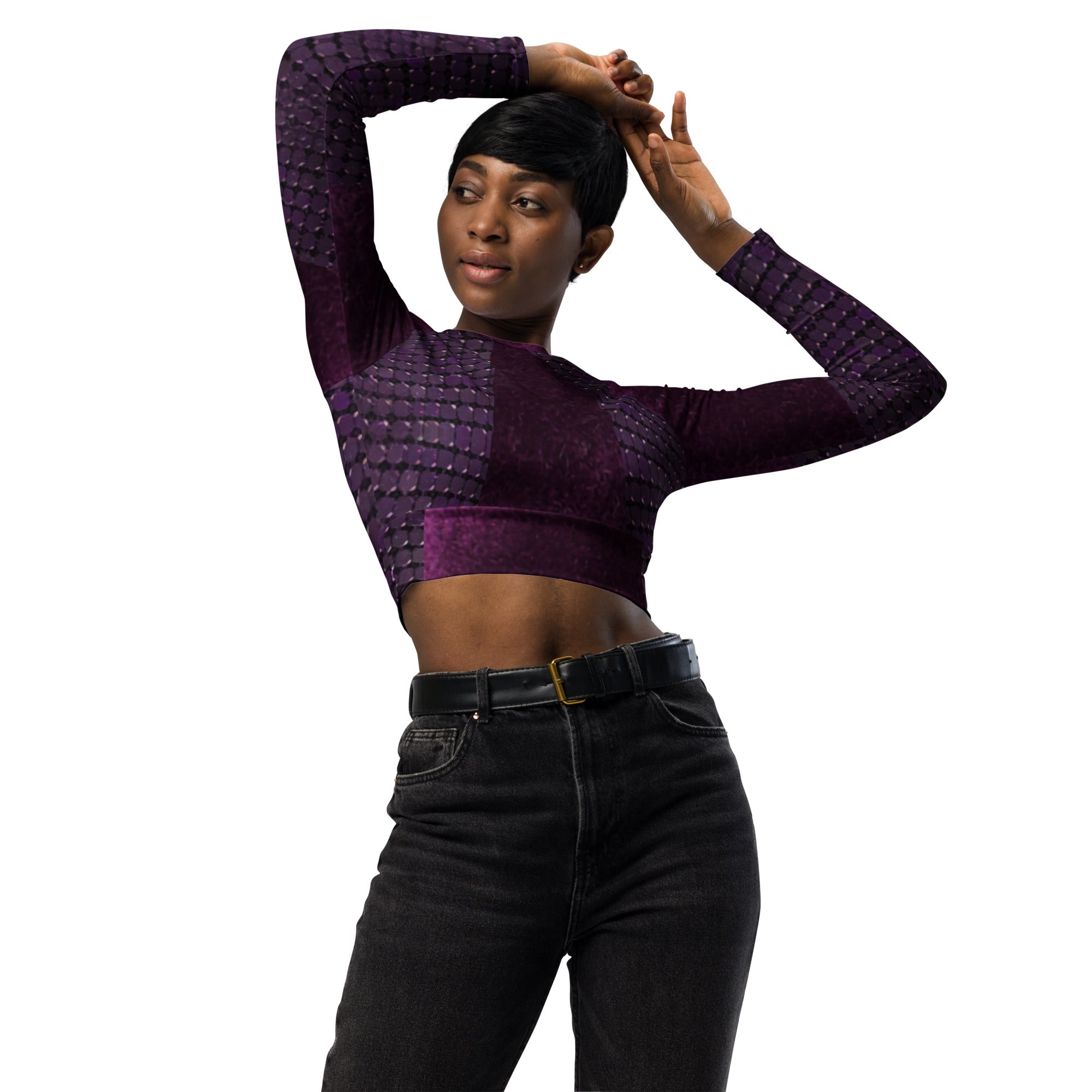 Long-sleeve gym crop top. Ideal fitness top, runner's or yoga top. "Mulberry" by WickedYo.